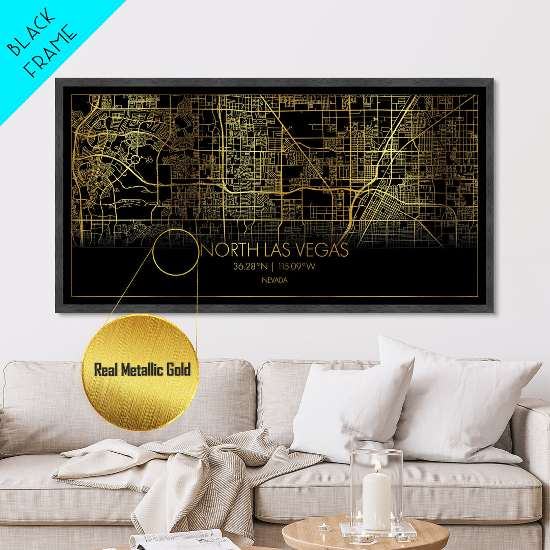 North Las Vegas Nevada City Poster, Metallic Gold Art, Metal Art, real wood frames, black and gold, Street Map Art, Modern House Art