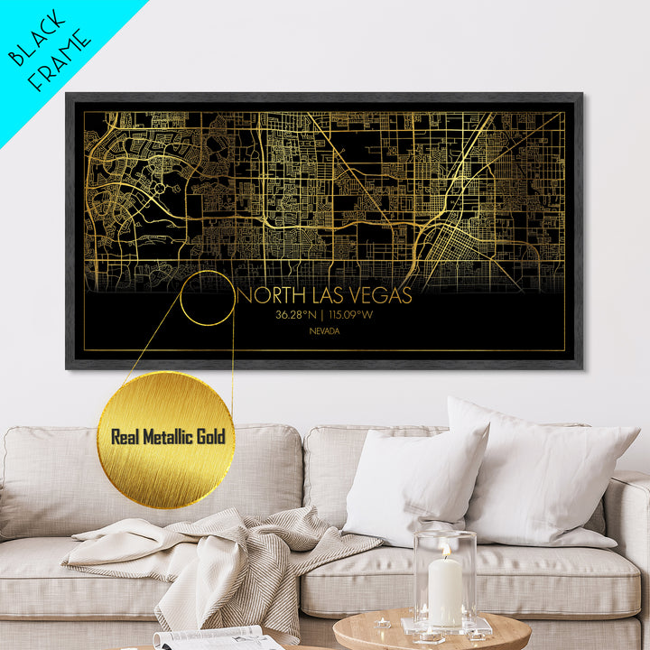 North Las Vegas Nevada City Poster, Metallic Gold Art, Metal Art, real wood frames, black and gold, Street Map Art, Modern House Art