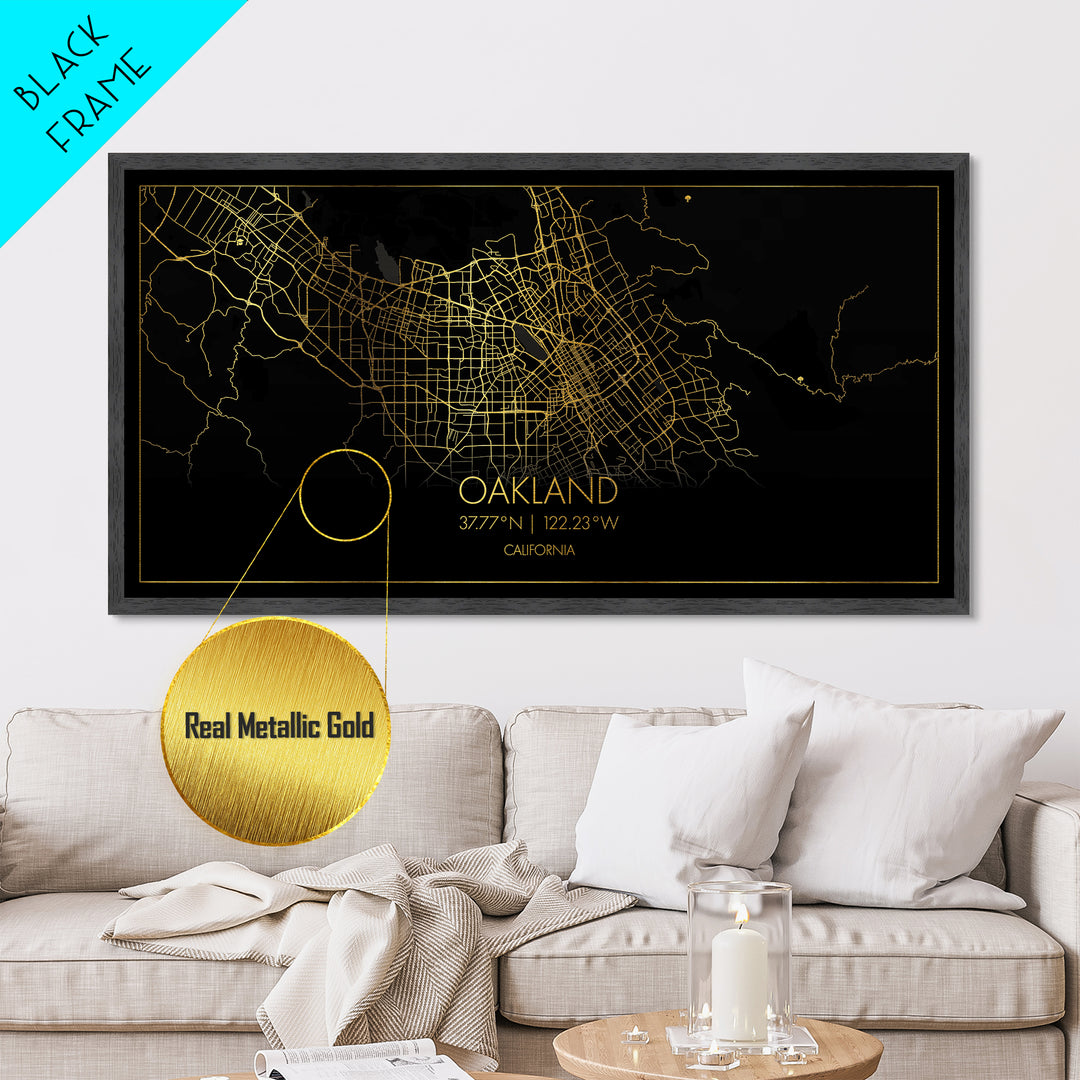 Oakland California City street map, Metallic Gold Print, Metal Art, wood framed map, black and gold, Street Map Wall Art, Office Decor