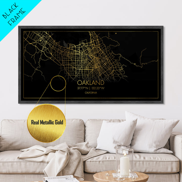 Oakland California City street map, Metallic Gold Print, Metal Art, wood framed map, black and gold, Street Map Wall Art, Office Decor