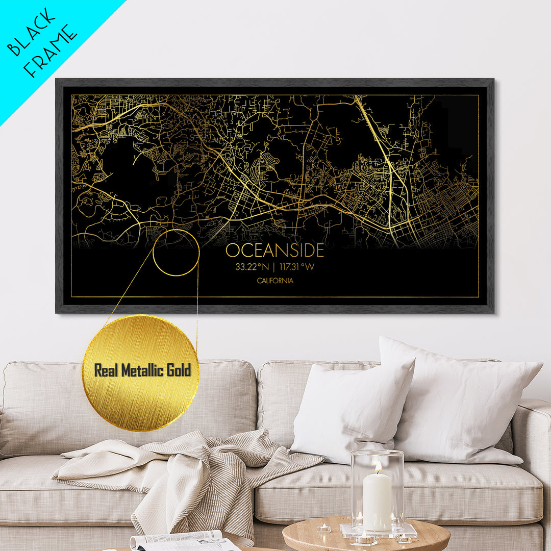 Oceanside California City Poster, Metallic Gold Art, Metal Art, real wood frames, black and gold, Street Map Art, Housewarming Gift