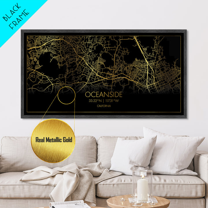 Oceanside California City Poster, Metallic Gold Art, Metal Art, real wood frames, black and gold, Street Map Art, Housewarming Gift