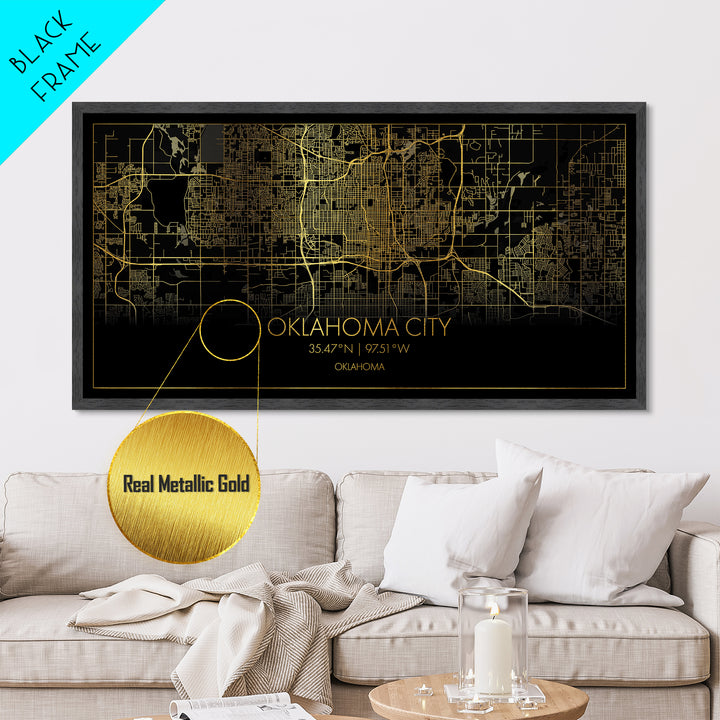 Oklahoma City Oklahoma City street map, Metallic Gold Print, Metal Art, wood framed map, black and gold, Street Map Wall Art, Travel Poster