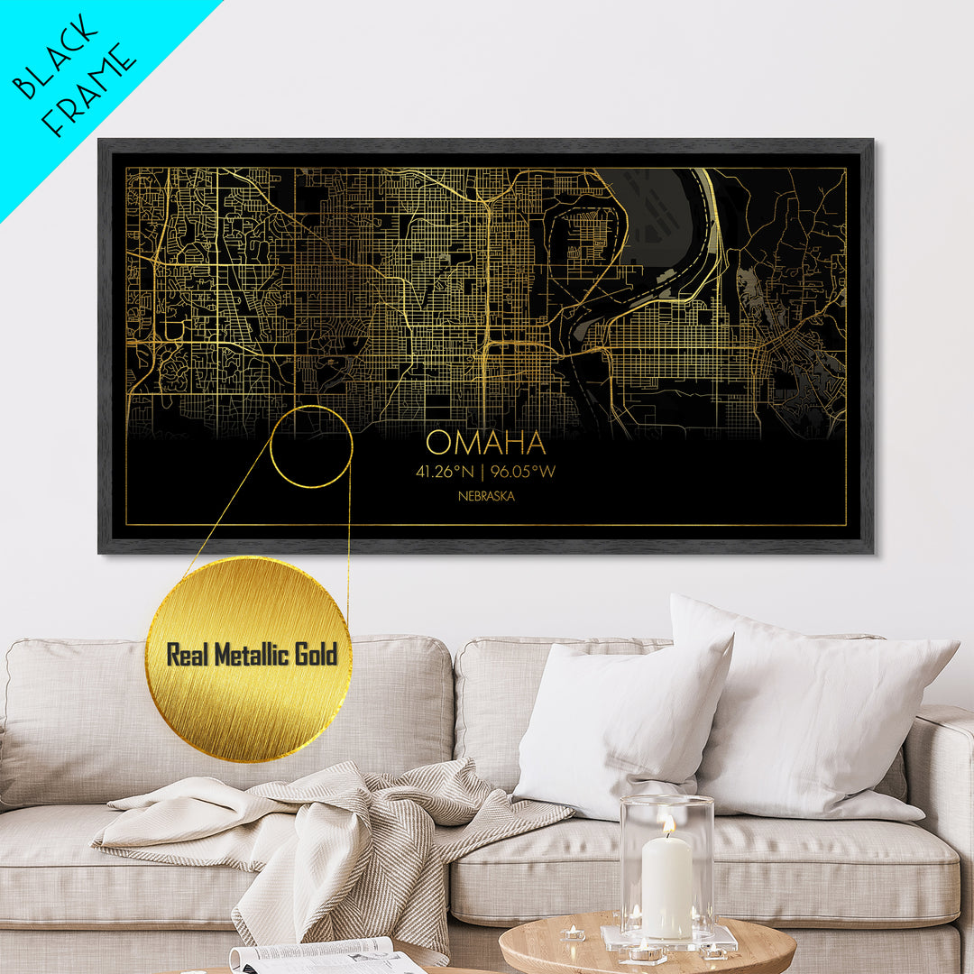 Omaha Nebraska City Poster, Metallic Gold Art, Metal Art, real wood frames, black and gold, Street Map Art, Best Friend Gifts