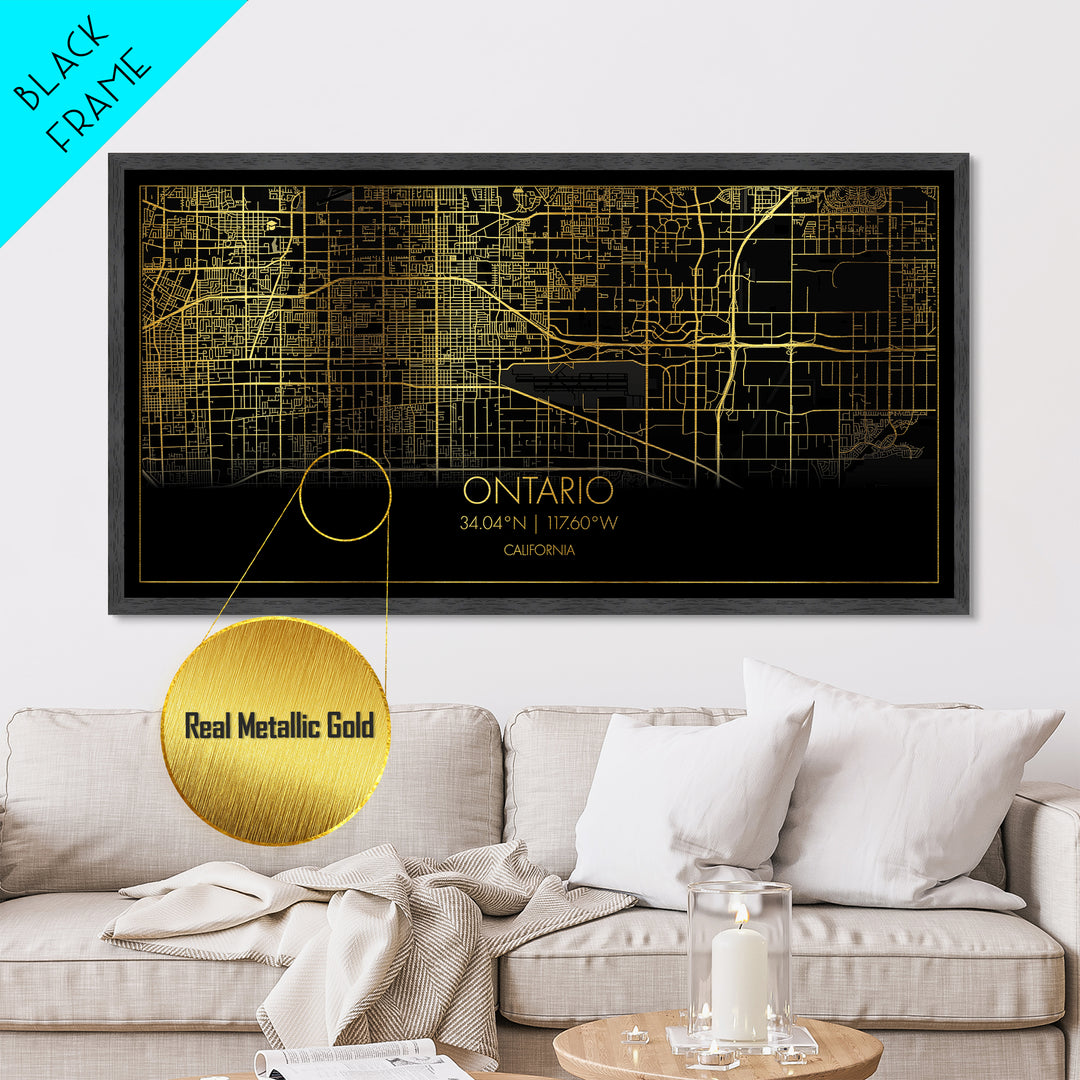Ontario California City street map, Metallic Gold Print, Metal Art, wood framed map, black and gold, Street Map Wall Art, Minimalist Wall Art