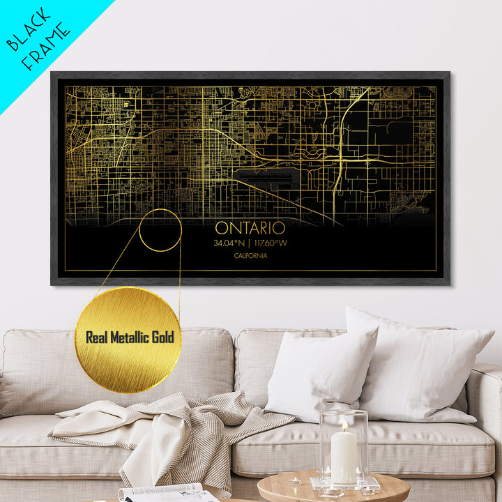 Ontario California City street map, Metallic Gold Print, Metal Art, wood framed map, black and gold, Street Map Wall Art, Minimalist Wall Art