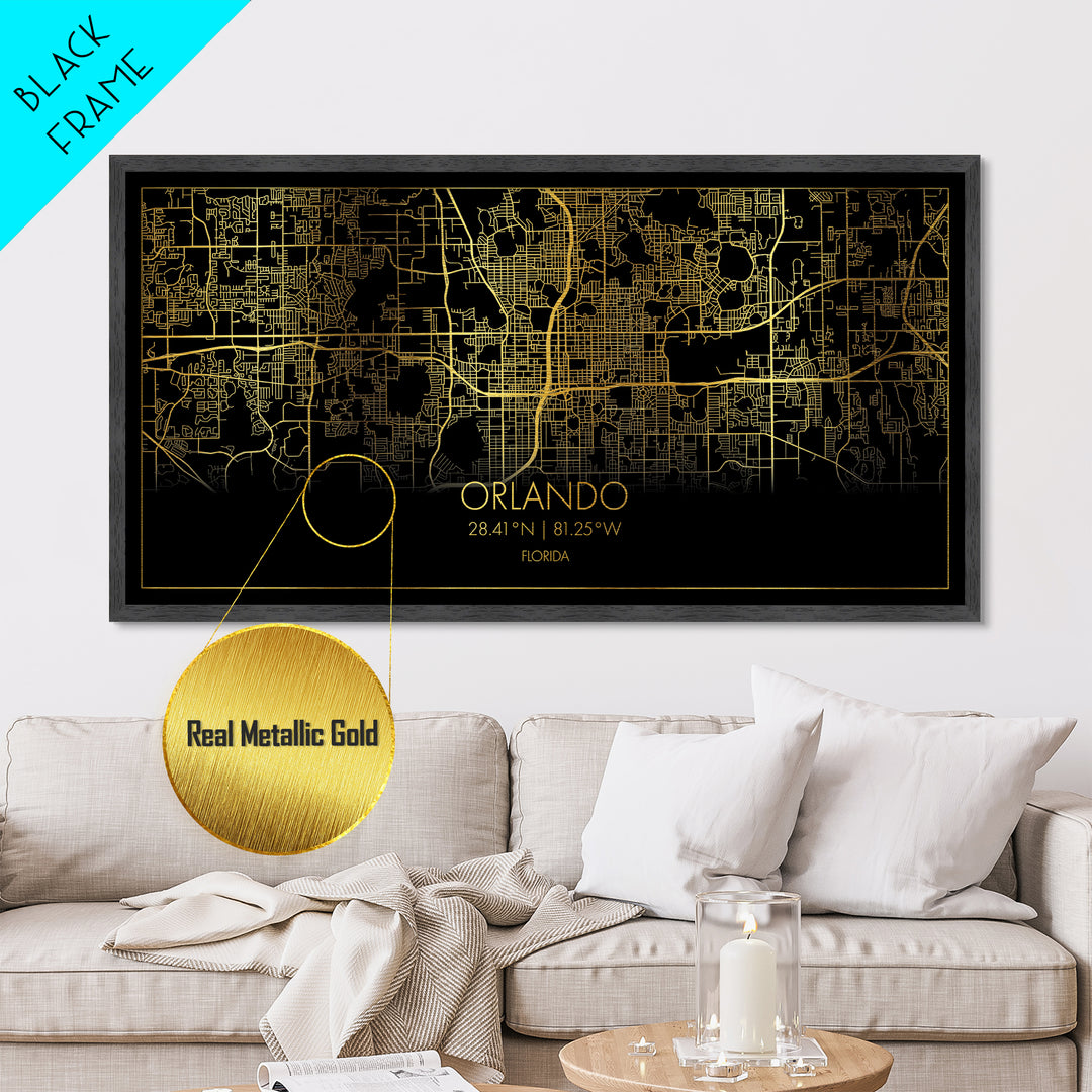 Orlando Florida City Poster, Metallic Gold Art, Metal Art, real wood frames, black and gold, Street Map Art, Modern Wall Art