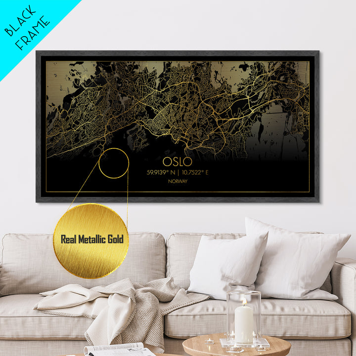 Oslo Norway City street map, Metallic Gold Print, Metal Art, wood framed map, black and gold, Street Map Art, Minimalist Wall Art