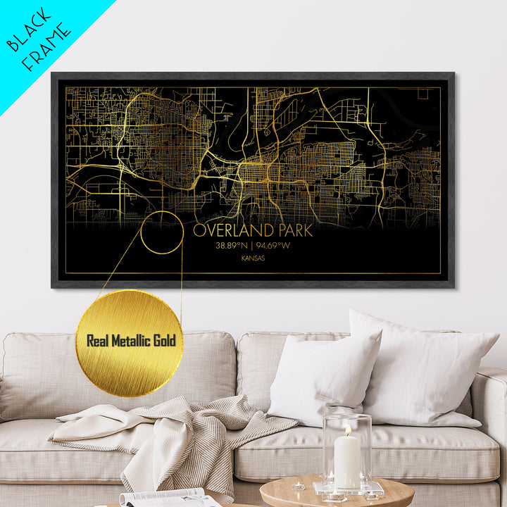 Overland Park Kansas City Poster, Metallic Gold Art, Metal Art, real wood frames, black and gold, Street Map Wall Art, Modern Wall Art
