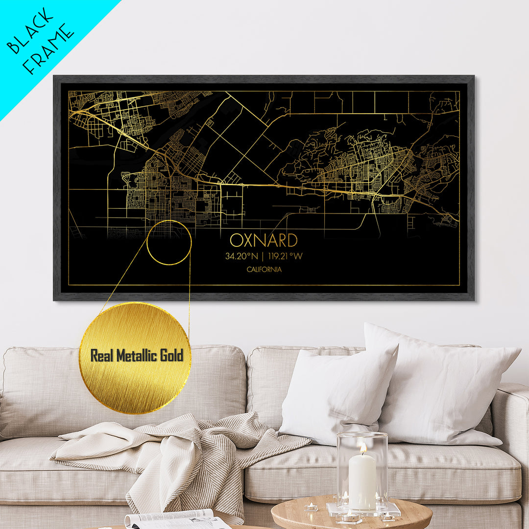 Oxnard California City street map, Metallic Gold Print, Metal Art, wood framed map, black and gold, Street Map Art, Housewarming Gift