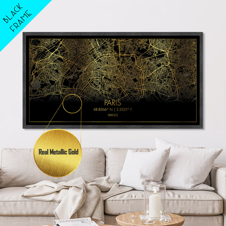 Paris France City Poster, Metallic Gold Art, Metal Art, real wood frames, black and gold, Street Map Wall Art, Gold Street Map Art
