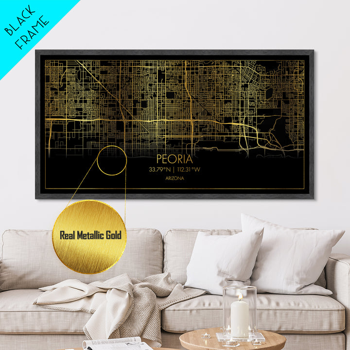 Peoria Arizona City Poster, Metallic Gold Art, Metal Art, real wood frames, black and gold, Street Map Wall Art, College Dorm Décor