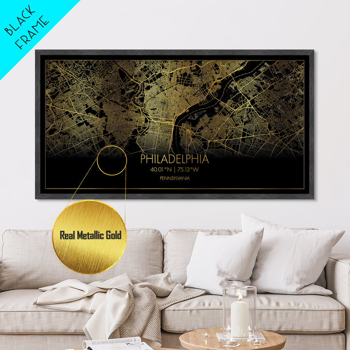 Philadelphia Pennsylvania City street map, Metallic Gold Print, Metal Art, wood framed map, black and gold, Street Map Art, Housewarming Gift
