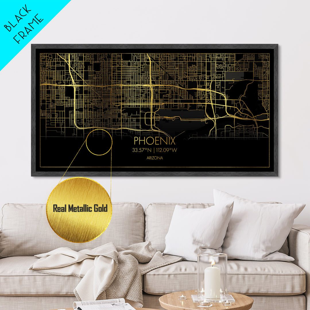 Phoenix Arizona City Poster, Metallic Gold Art, Metal Art, real wood frames, black and gold, Street Map Wall Art, Minimalist Wall Art