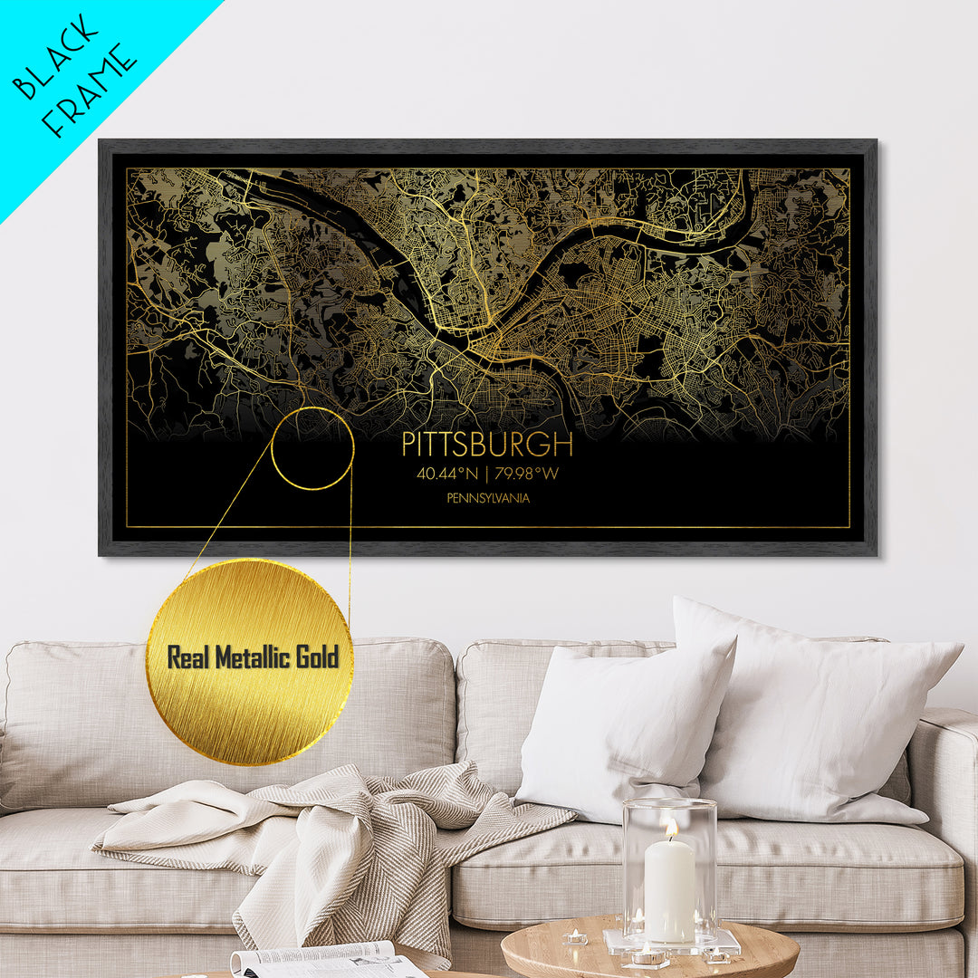 Pittsburgh Pennsylvania City street map, Metallic Gold Print, Metal Art, wood framed map, black and gold, Street Map Art, Real Wood Frames