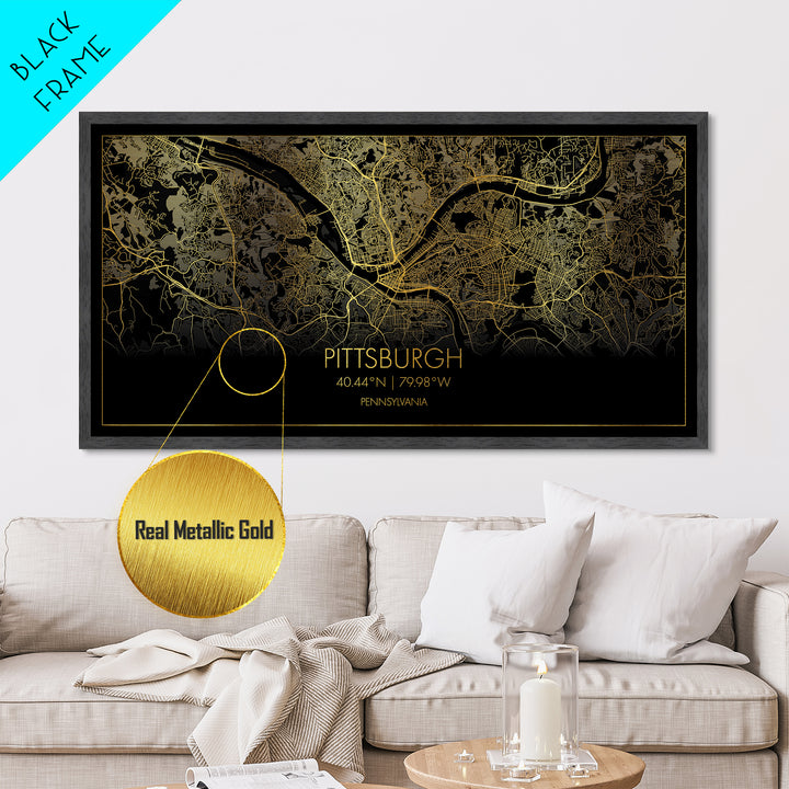 Pittsburgh Pennsylvania City street map, Metallic Gold Print, Metal Art, wood framed map, black and gold, Street Map Art, Real Wood Frames