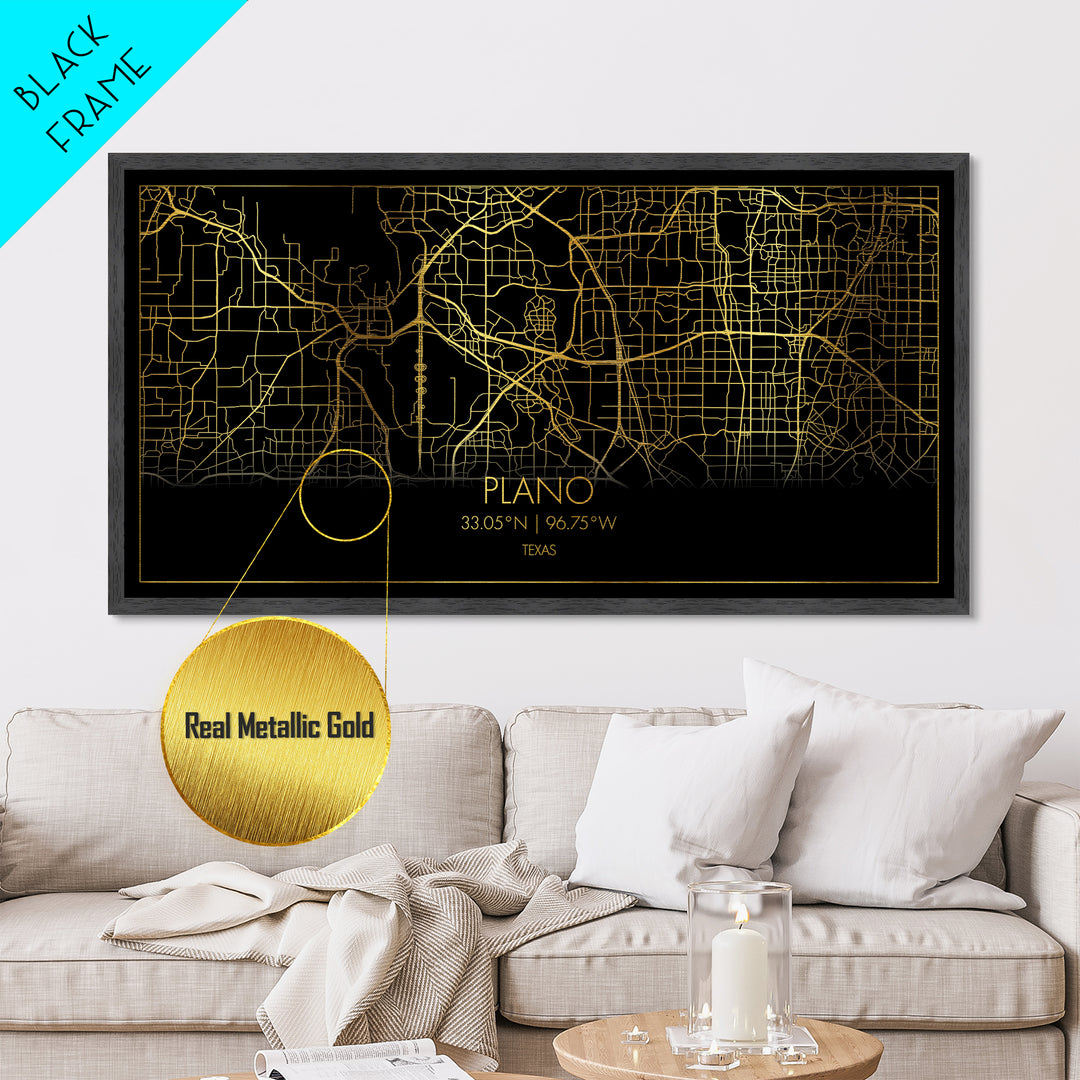 Plano Texas City Poster, Metallic Gold Art, Metal Art, real wood frames, black and gold, Street Map Wall Art, Gold Street Map Art