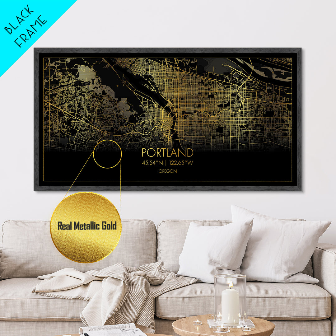 Portland Oregon City street map, Metallic Gold Print, Metal Art, wood framed map, black and gold, Street Map Art, Travel Poster