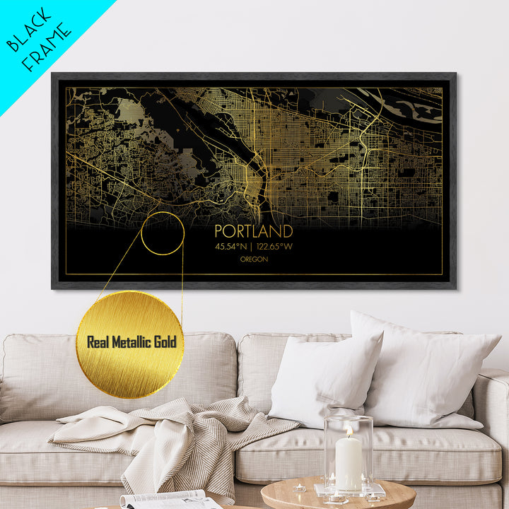 Portland Oregon City street map, Metallic Gold Print, Metal Art, wood framed map, black and gold, Street Map Art, Travel Poster