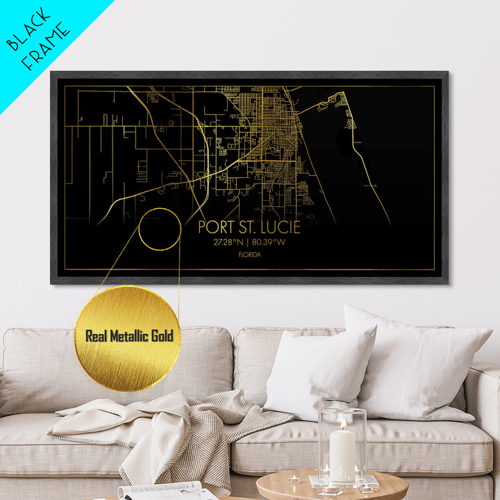 Port St. Lucie Florida City Poster, Metallic Gold Art, Metal Art, real wood frames, black and gold, Street Map Wall Art, Housewarming Gift