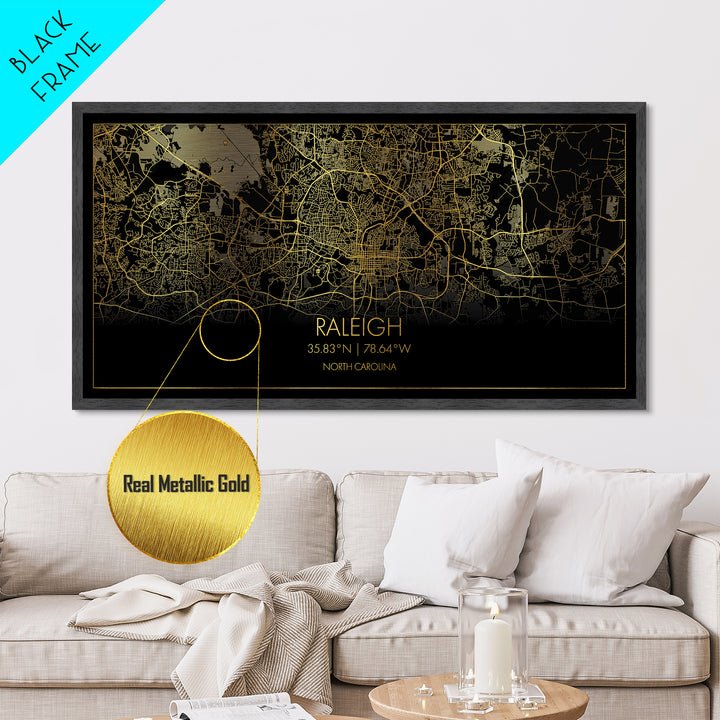 Raleigh North Carolina City street map, Metallic Gold Print, Metal Art, wood framed map, black and gold, Street Map Art, Minimalist Wall Art