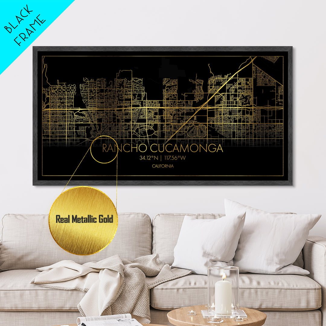 Rancho Cucamonga California City Poster, Metallic Gold Art, Metal Art, real wood frames, black and gold, Street Map Wall Art, College Dorm Décor