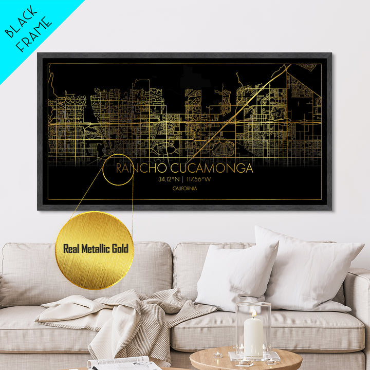 Rancho Cucamonga California City Poster, Metallic Gold Art, Metal Art, real wood frames, black and gold, Street Map Wall Art, College Dorm Décor