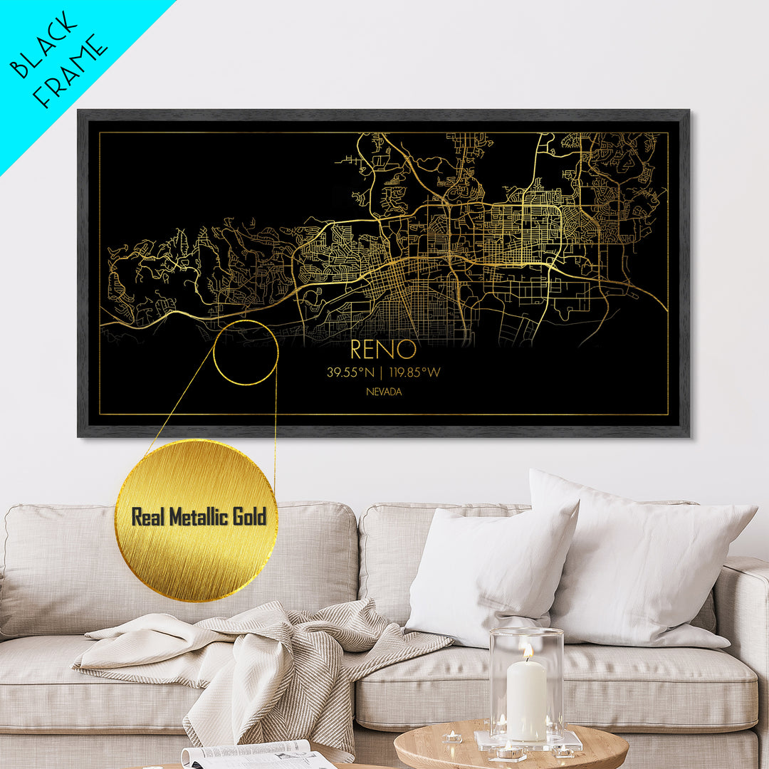 Reno Nevada City street map, Metallic Gold Print, Metal Art, wood framed map, black and gold, Street Map Art, Office Decor