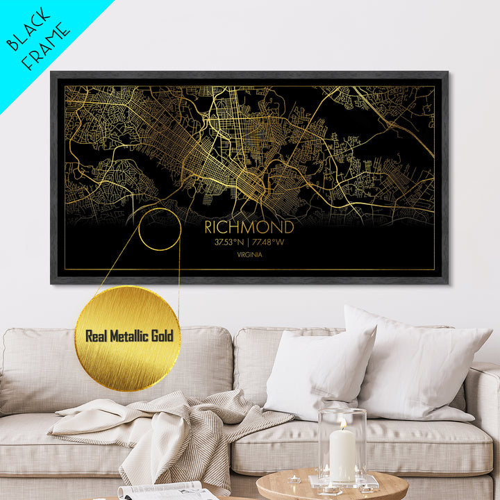 Richmond Virginia City Poster, Metallic Gold Art, Metal Art, real wood frames, black and gold, Street Map Wall Art, Housewarming Gift