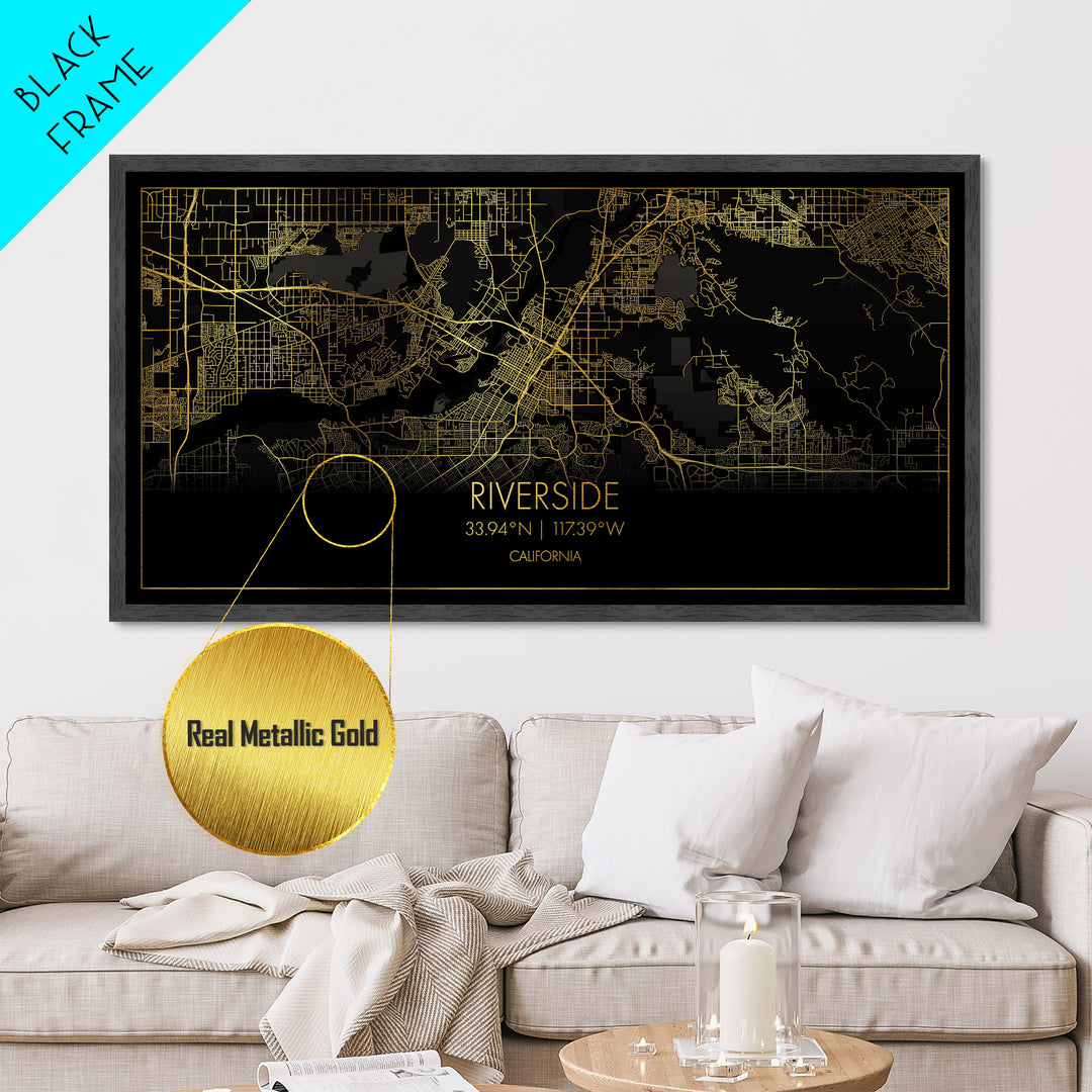 Riverside California City street map, Metallic Gold Print, Metal Art, wood framed map, black and gold, Street Map Art, Real Wood Frames