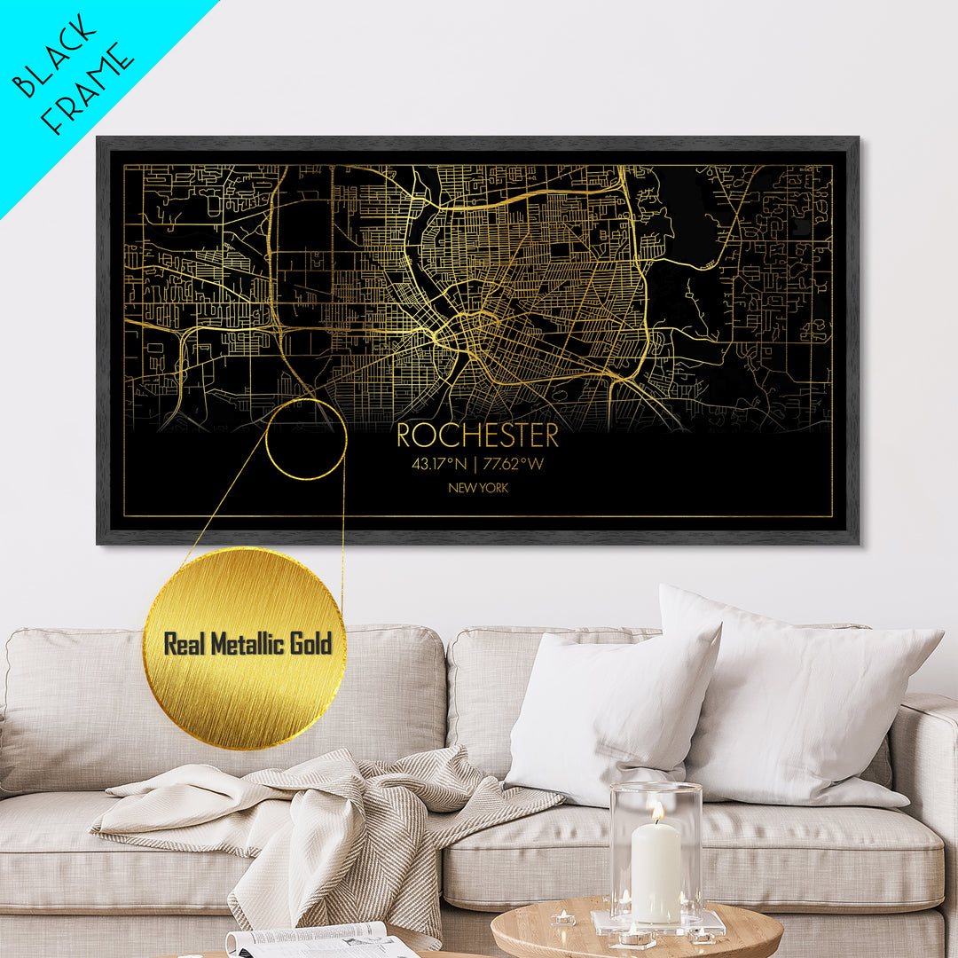 Rochester New York City Poster, Metallic Gold Art, Metal Art, real wood frames, black and gold, Street Map Wall Art, Gold Street Map Art