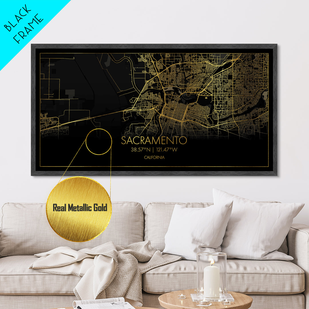 Sacramento California City Poster, Metallic Gold Art, Metal Art, real wood frames, black and gold, Street Map Wall Art, Minimalist Wall Art