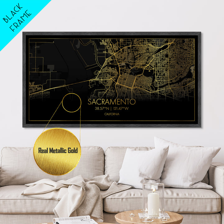 Sacramento California City Poster, Metallic Gold Art, Metal Art, real wood frames, black and gold, Street Map Wall Art, Minimalist Wall Art