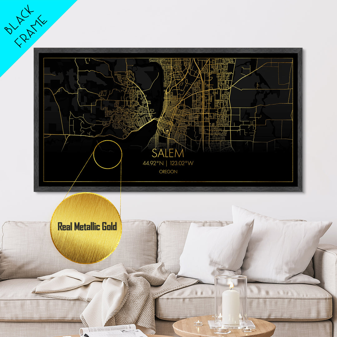 Salem Oregon City Poster, Metallic Gold Art, Metal Art, real wood frames, black and gold, Street Map Wall Art, Gold Street Map Art