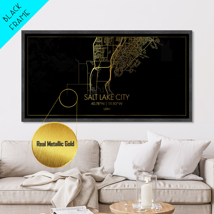 Salt Lake City Utah City street map, Metallic Gold Print, Metal Art, wood framed map, black and gold, Street Map Art, Best Friend Gifts