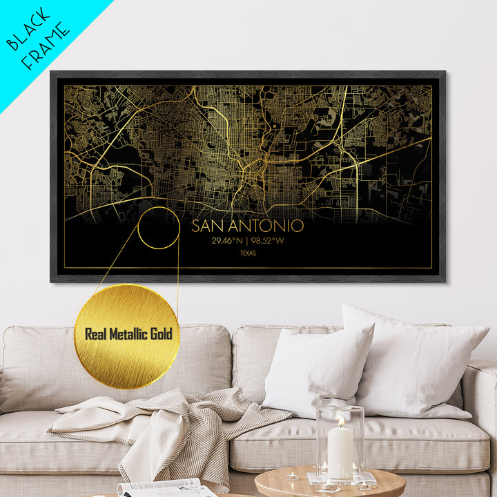 San Antonio Texas City Poster, Metallic Gold Art, Metal Art, real wood frames, black and gold, Street Map Wall Art, College Dorm Décor