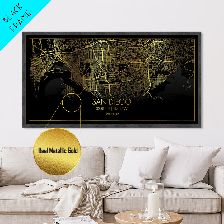 San Diego California City Poster, Metallic Gold Art, Metal Art, real wood frames, black and gold, Street Map Wall Art, Minimalist Wall Art