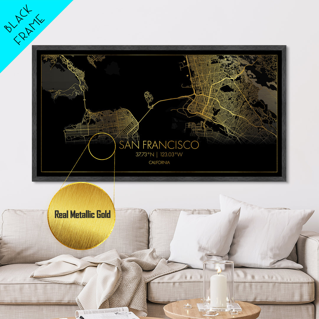 San Francisco California City street map, Metallic Gold Print, Metal Art, wood framed map, black and gold, Street Map Art, Gold Street Map Art