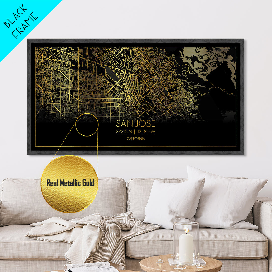 San Jose California City Poster, Metallic Gold Art, Metal Art, real wood frames, black and gold, Street Map Wall Art, Housewarming Gift