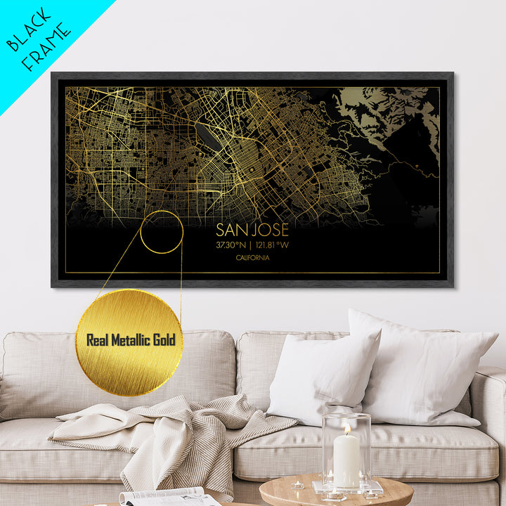 San Jose California City Poster, Metallic Gold Art, Metal Art, real wood frames, black and gold, Street Map Wall Art, Housewarming Gift