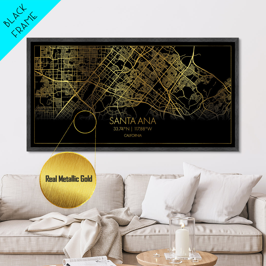 Santa Ana California City street map, Metallic Gold Print, Metal Art, wood framed map, black and gold, Street Map Art, Modern Wall Art
