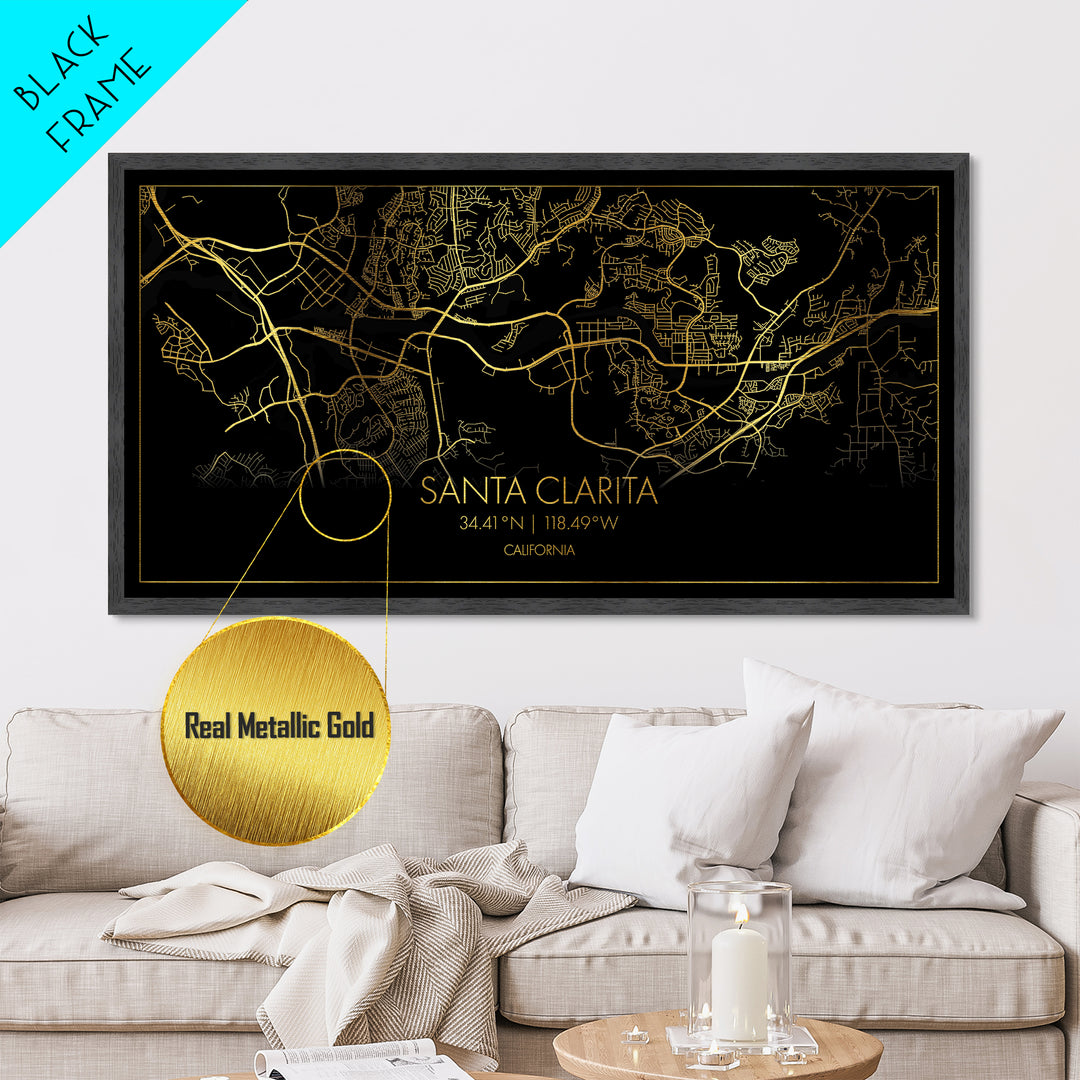 Santa Clarita California City Poster, Metallic Gold Art, Metal Art, real wood frames, black and gold, Street Map Wall Art, Real Wood Frames