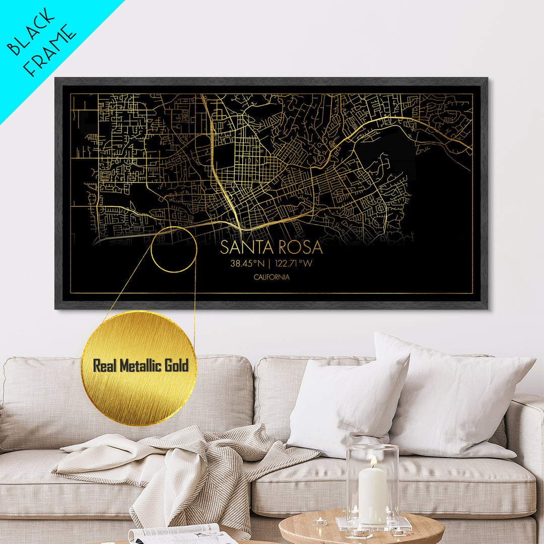 Santa Rosa California City street map, Metallic Gold Print, Metal Art, wood framed map, black and gold, Street Map Art, Minimalist Wall Art