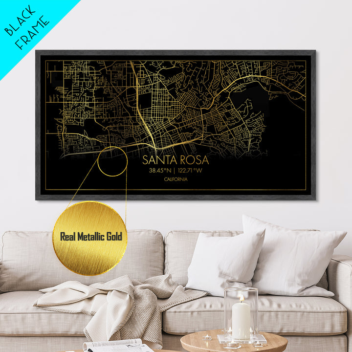 Santa Rosa California City street map, Metallic Gold Print, Metal Art, wood framed map, black and gold, Street Map Art, Minimalist Wall Art