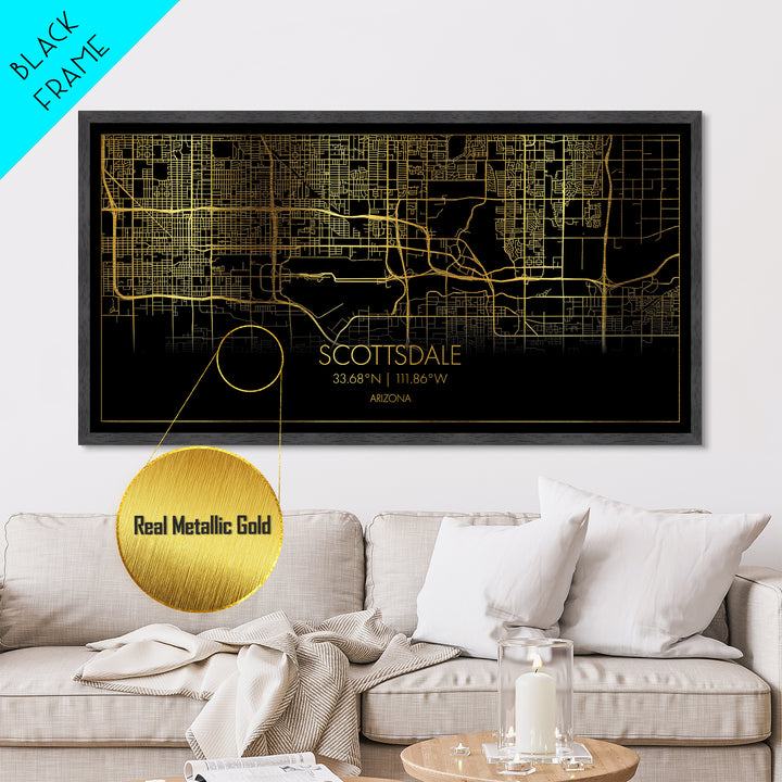 Scottsdale Arizona City Poster, Metallic Gold Art, Metal Art, real wood frames, black and gold, Street Map Wall Art, Map Art