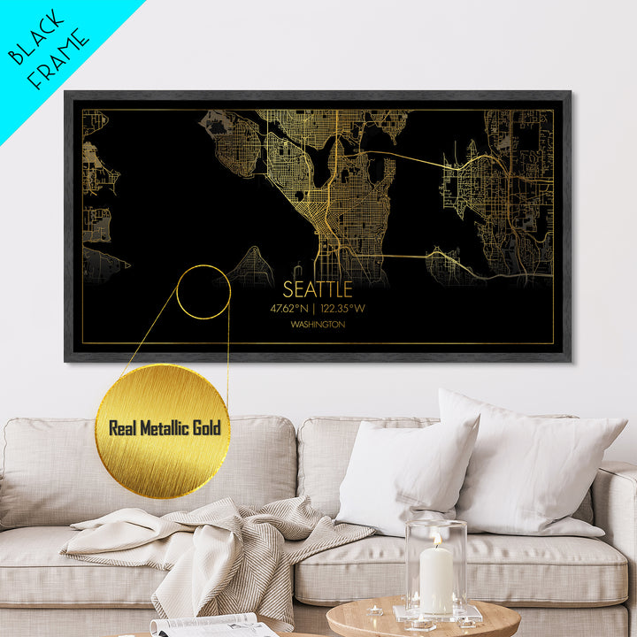 Seattle Washington City street map, Metallic Gold Print, Metal Art, wood framed map, black and gold, Street Map Art, Gold Street Map Art