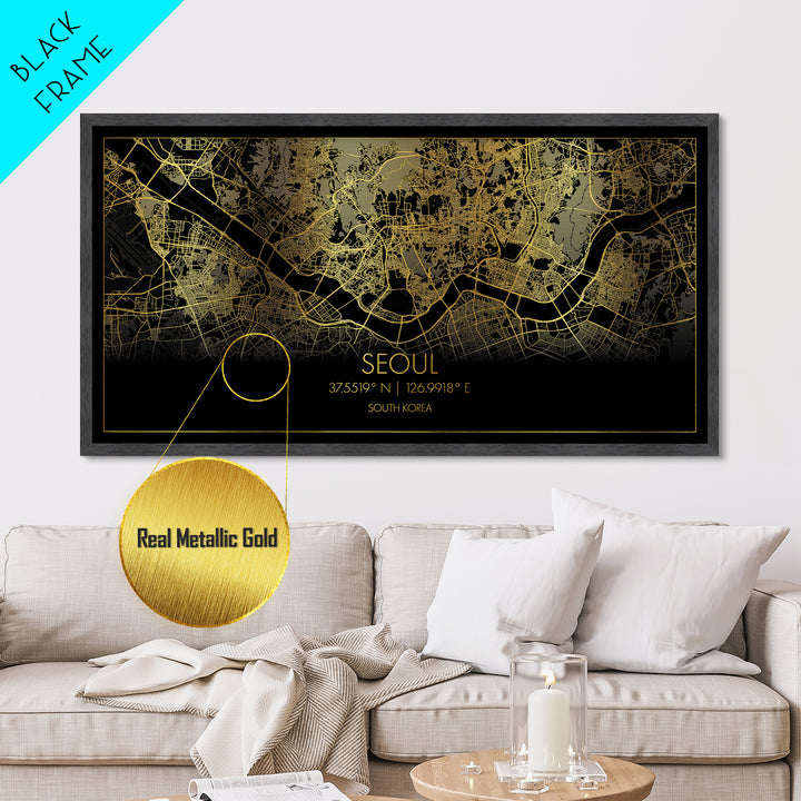 Seoul South Korea City Poster, Metallic Gold Art, Metal Art, real wood frames, black and gold, Street Map Wall Art, Office Decor