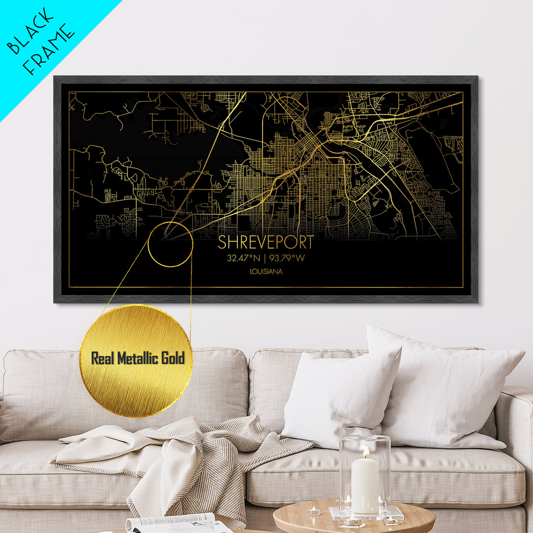 Shreveport Louisiana City street map, Metallic Gold Print, Metal Art, wood framed map, black and gold, Street Map Art, Real Wood Frames
