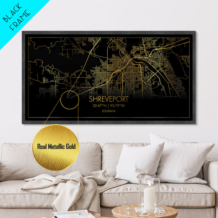 Shreveport Louisiana City street map, Metallic Gold Print, Metal Art, wood framed map, black and gold, Street Map Art, Real Wood Frames