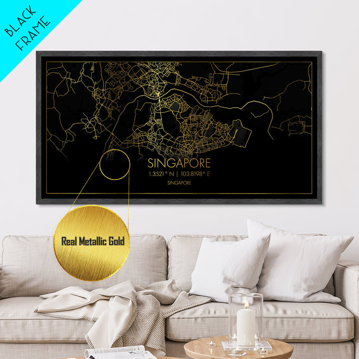 Singapore Singapore City Poster, Metallic Gold Art, Metal Art, real wood frames, black and gold, Street Map Wall Art, Housewarming Gift